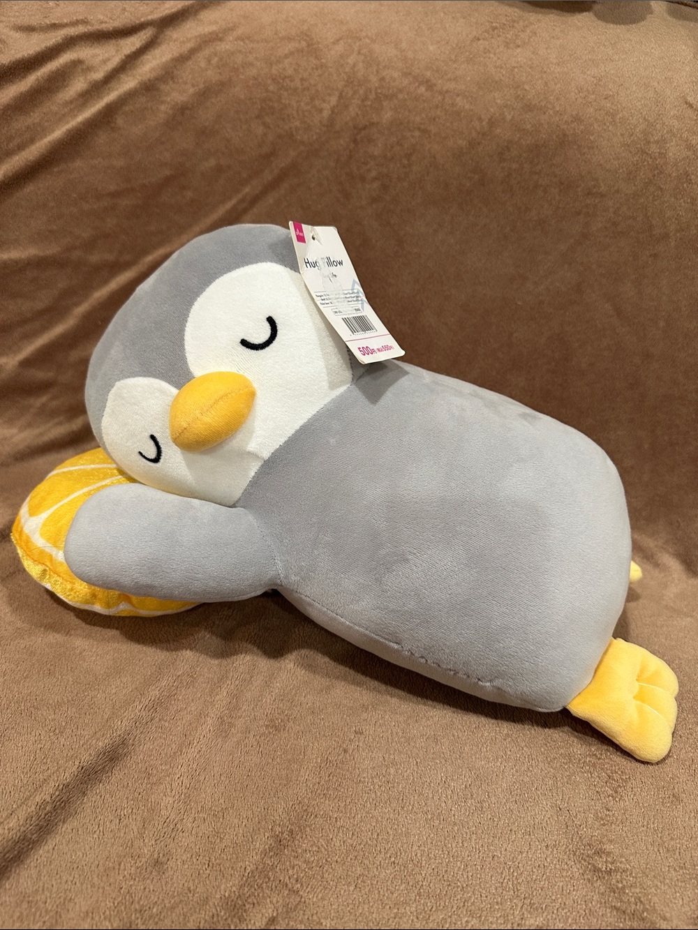Daiso Gray and white Plush sleepy Penguin hug pillow
